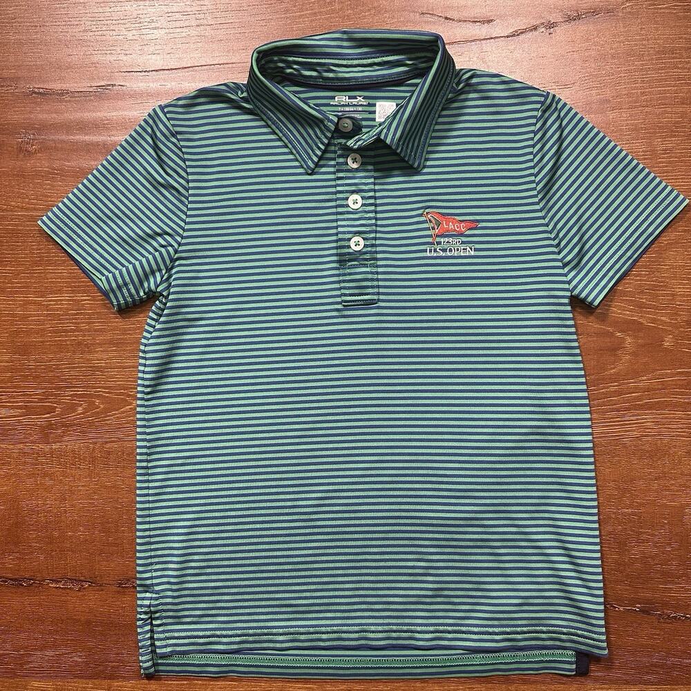 Ralph Lauren RLX Golf Polo Shirt Youth Boys 7 Green Stripe US Open 123rd LACC